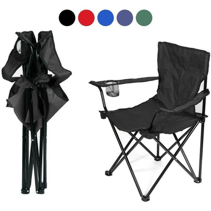 MENGDA Outdoor Folding Chair - Black - For camping, beach, barbecue - Cup holder and storage bag