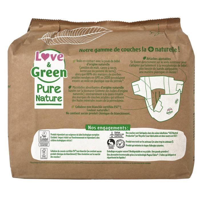 Pannolini ipoallergenici non sbiancati Pure Nature LOVE AND GREEN - Certificazione Ecolabel T4+ x 35 (da 9 a 20 kg)