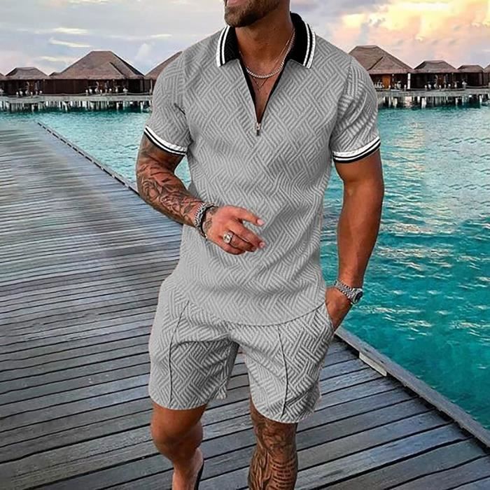 Completo sportivo estivo da uomo: set di abbigliamento per palestra, sport e fitness - pantaloncini, t-shirt, polo - grigio