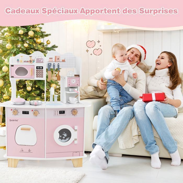 Cocina infantil COSTWAY para mayores de 3 años, 12 accesorios, Zona: Cafetera, Microondas, Horno, Lavadora, Rosa