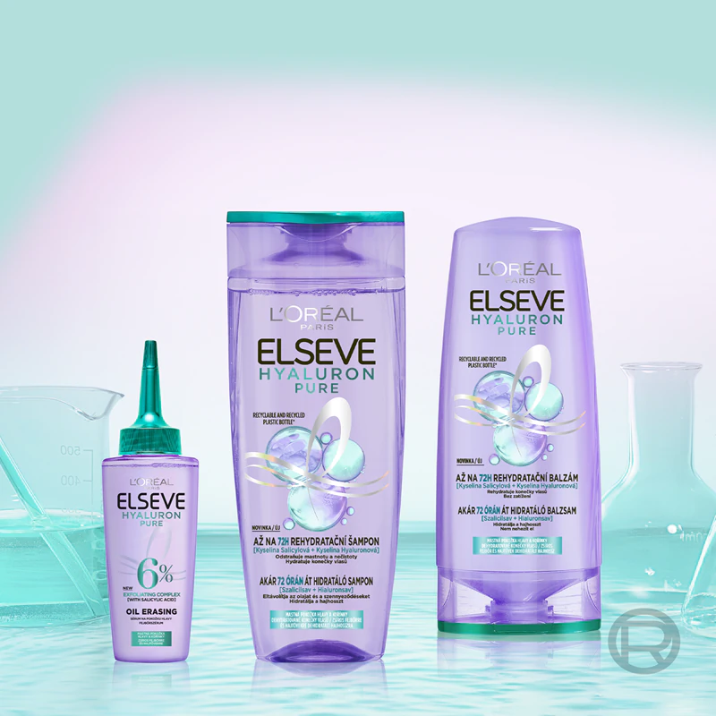 Shampoo hidratante L'Oréal Paris Elseve Hyaluron Pure para couro cabeludo oleoso e pontas secas.