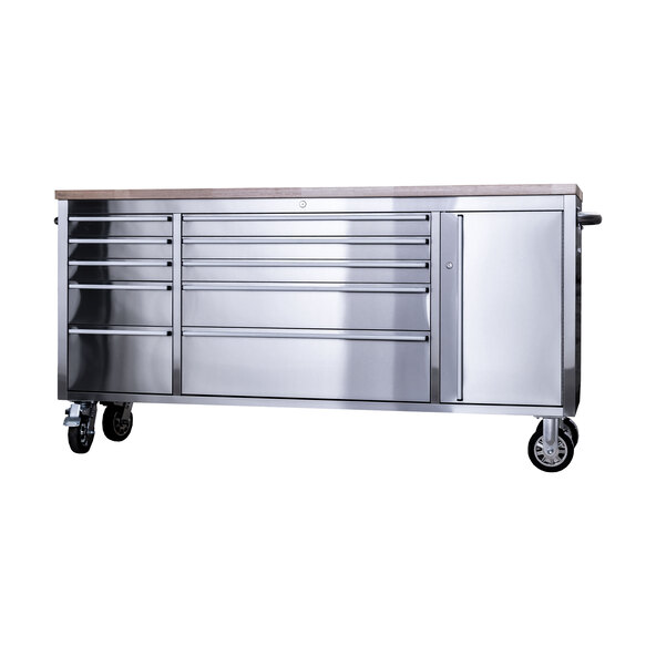 Stainless steel workshop trolley, 10 drawers, 198 cm