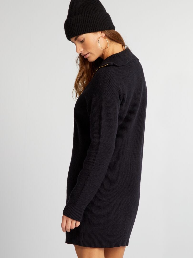 Suéter longo de gola alta com zíper - preto