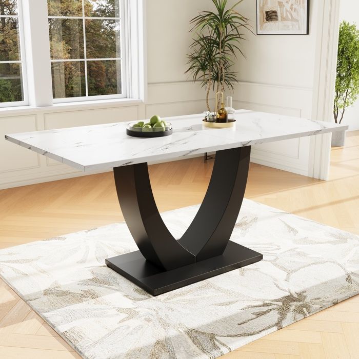 Tavolo da pranzo - TRUXEN8 - 140x75 cm - Effetto marmo - Gambe regolabili - Bianco/Nero