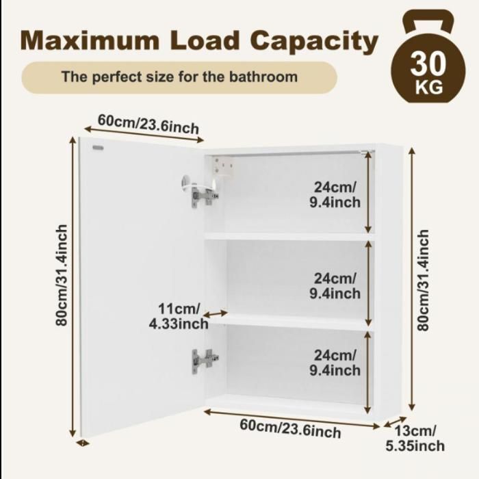 MIPAN. Armario con espejo para baño - Con almacenamiento + espejo + LED - Blanco. Armario de baño de pared - 80 x 60 x 15 cm