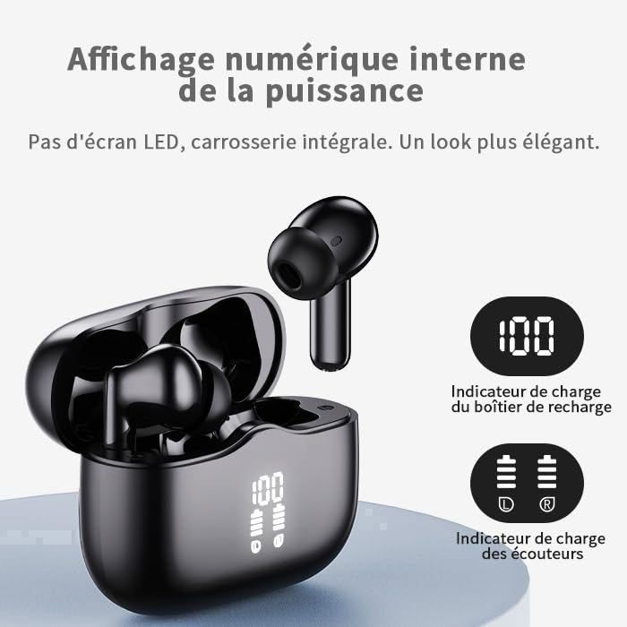 Auriculares inalámbricos Bluetooth 5.4, estéreo HiFi con micrófono con cancelación de ruido, 40 horas de autonomía, pantalla LED, resistencia al agua IP7 - Negro