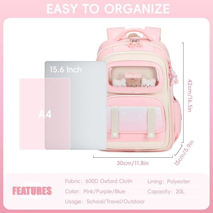 Cartable Primaire pour Filles Sac à Dos Ergonomique pour Enfants du CP au CM2 Sac d'école Décontracté avec Pendentif 20 Litres Rose