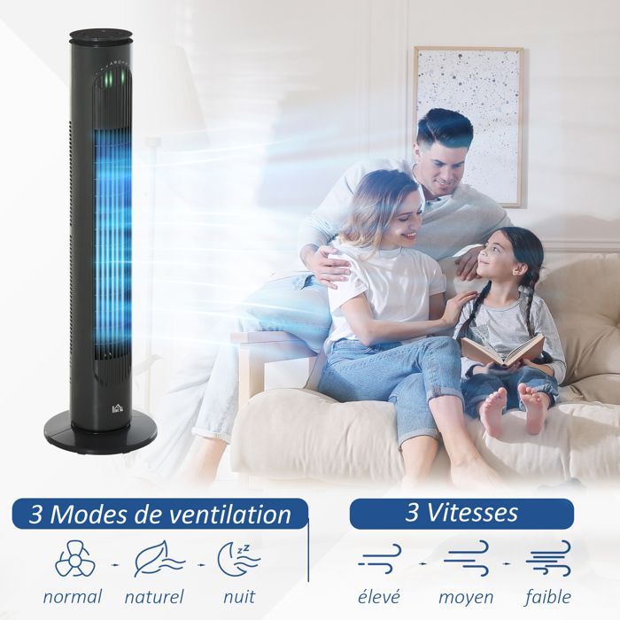Ventilador de torre - HOMCOM - silencioso - 45 W - 3 modos, 3 velocidades, mando a distancia, oscilación de 70° y temporizador - 77 cm de alto - gris