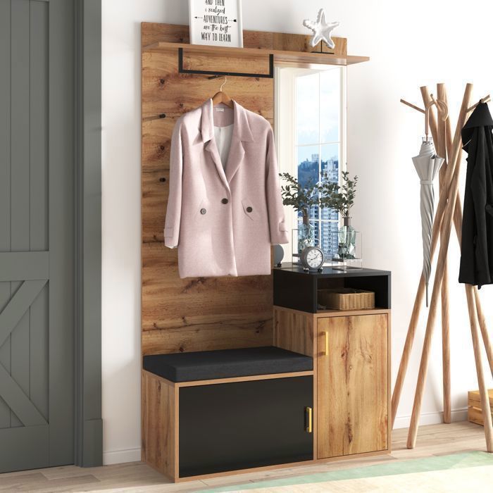 Móveis para hall de entrada - Conjunto de guarda-roupa com espelho e sapateira, cabideiro com ganchos, 105x40x191,5cm, Preto