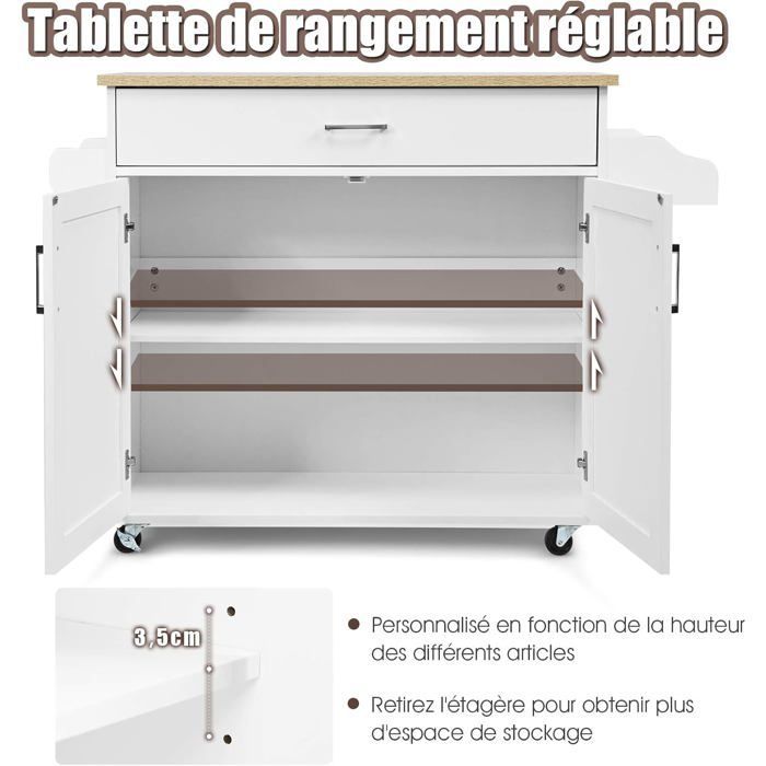 Carrito de cocina COSTWAY, isla de cocina rodante con amplio armario, cajón, especiero y toallero, color blanco.