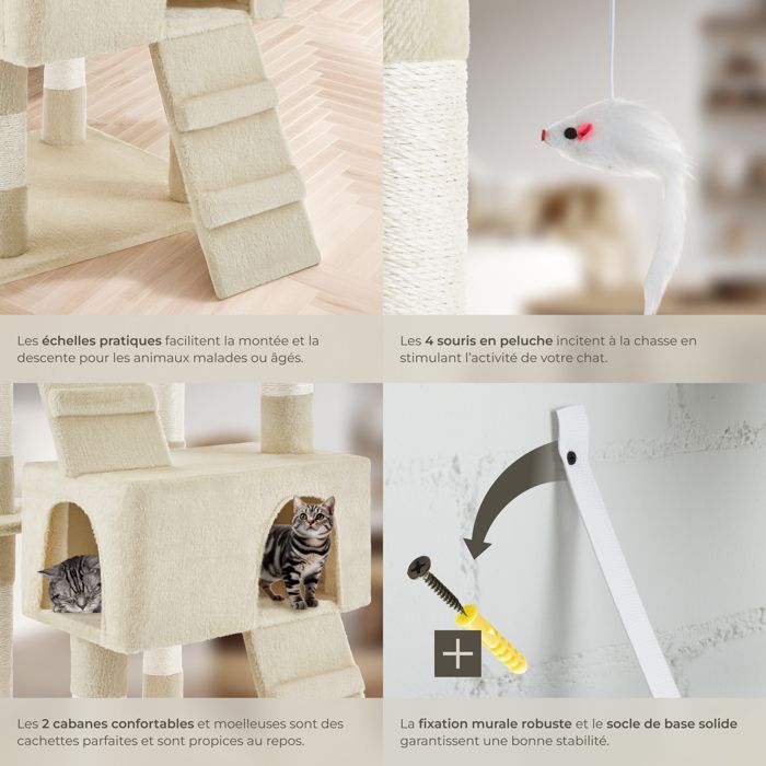 Árbol rascador para gatos - TECTAKE - BARNEY, mueble para gatos de 170 cm de altura con poste rascador, escondites y juguetes - Beige