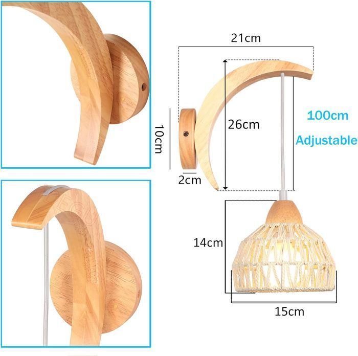 IDEGU Applique Murale Intérieure en Bois et Rotin Suspension Luminaire Industrielle Design Croissant E27 Lampe Mural Réglable,Blanc