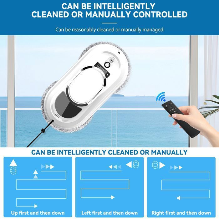 Aspiradora robot, limpiacristales, robot eléctrico para limpieza de ventanas, limpiacristales, mando a distancia y 10 paños de limpieza.