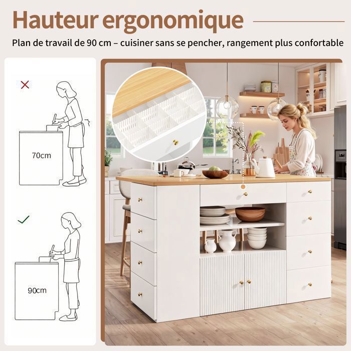 Isla de cocina con 6 cajones y taburetes, aparador con taburetes de bar, mesa de comedor extensible de 140x40 a 70x89 cm, color blanco.