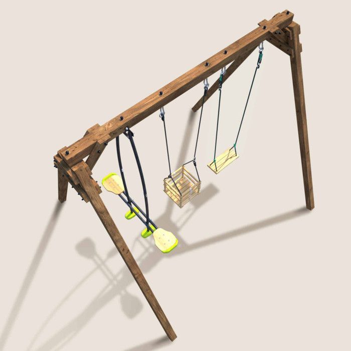 Portique en bois carré 3 agrès avec balançoire bébé et face à face PIERRE