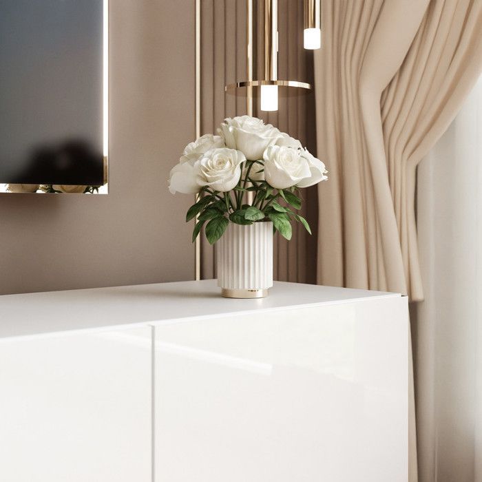 Meuble TV ANGEL - avec LED - 200x40x49 cm - 4 portes sans poignées - Blanc brillant