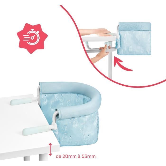 Seggiolone da tavolo Badabulle con sistema di fissaggio a 4 bracci, chiusura ultra compatta, da 6 a 36 mesi.