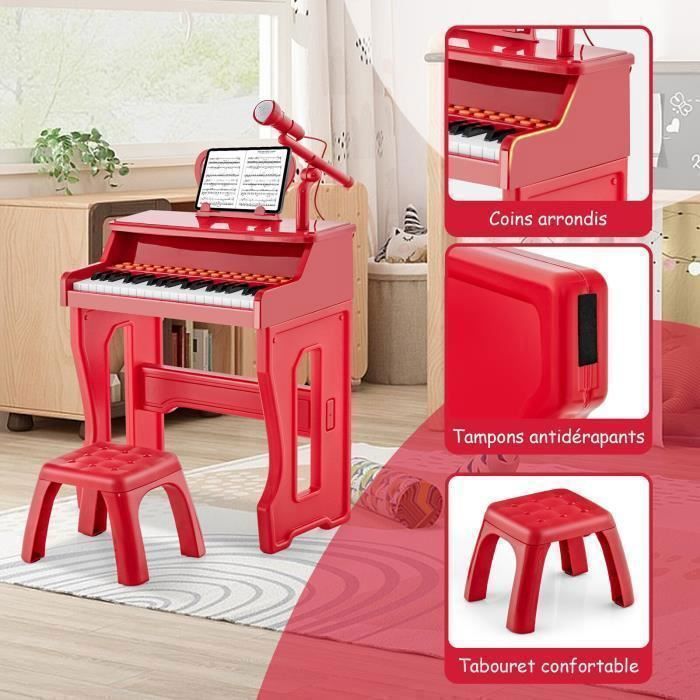 Elektroninen piano lapsille 3-vuotiaille, 37 kosketinta jakkaralla, 50 kg:n painokapasiteetti, COSTWAY säädettävä mikrofoni, irrotettava nuottiteline, lepotila - punainen