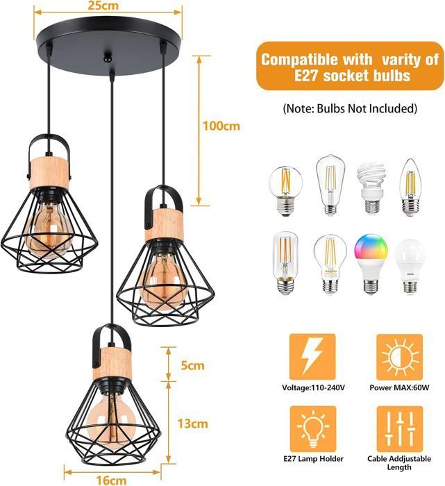 IDEGU 3 Lampes Suspension Luminaire Industrielle, 16CM Vintage Lustre Suspension en Fer et Bois Rétro Cage Design Noir pour Salon