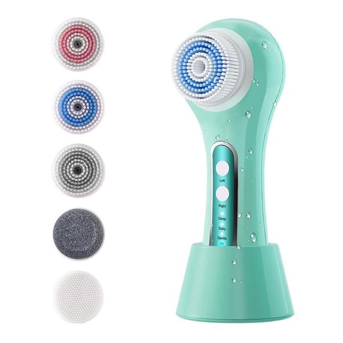 Cepillo facial exfoliante recargable e impermeable, con 5 cabezales para una exfoliación y limpieza profunda - Verde
