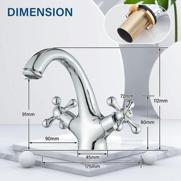 Grifo de baño fijo cromado, mezclador de lavabo de doble manija con agua fría y caliente disponible.