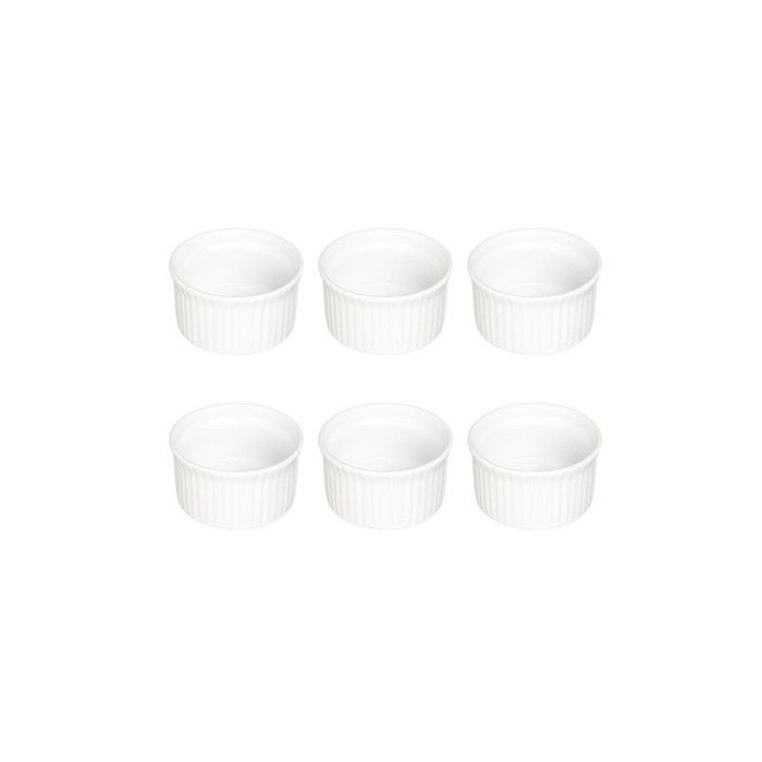 Conjunto de 6 ramequins redondos de cerâmica branca, 9 cm de diâmetro.