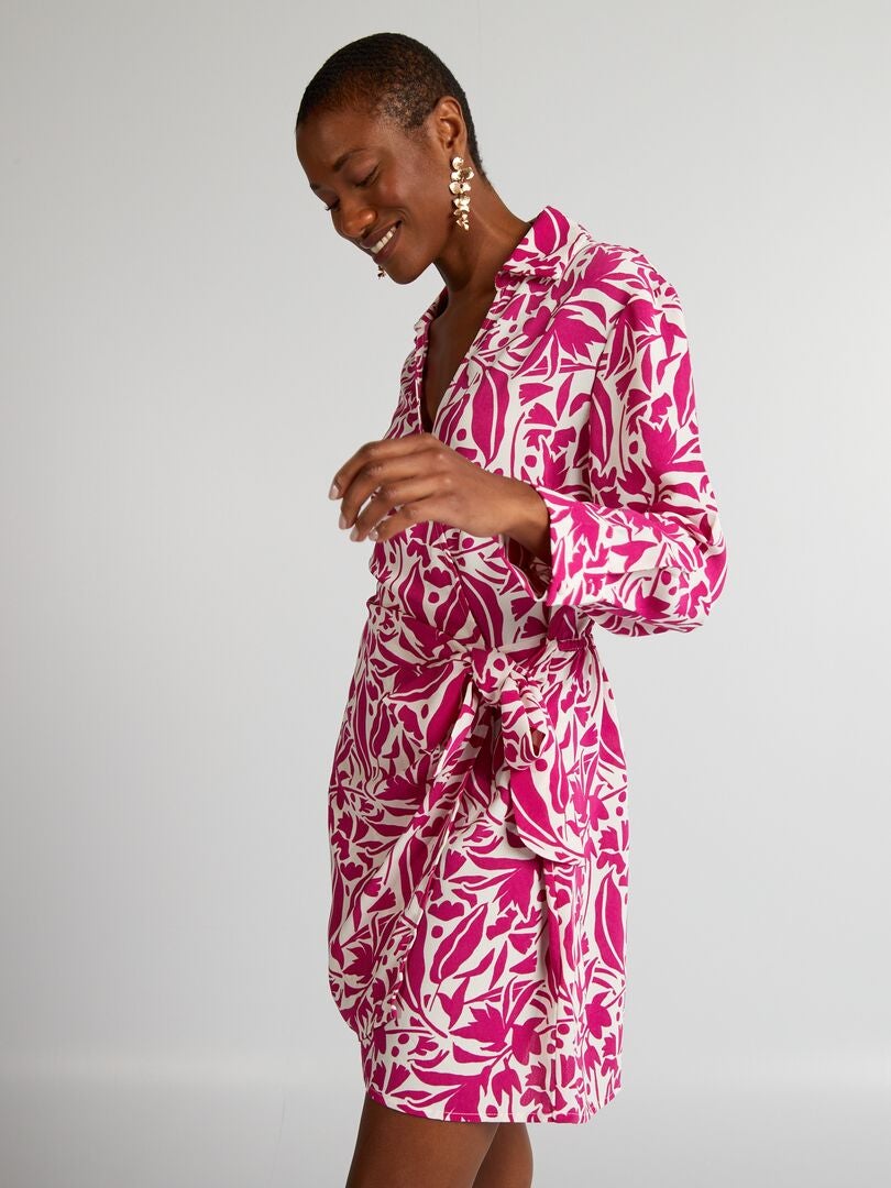 Vestido estampado com amarração na cintura - ROSA