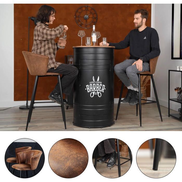 MEUBLES COSY Lot de 2 tabourets de bar industriels avec accoudoirs et dossier en suédine, pieds en métal noir - DONCIC BAR