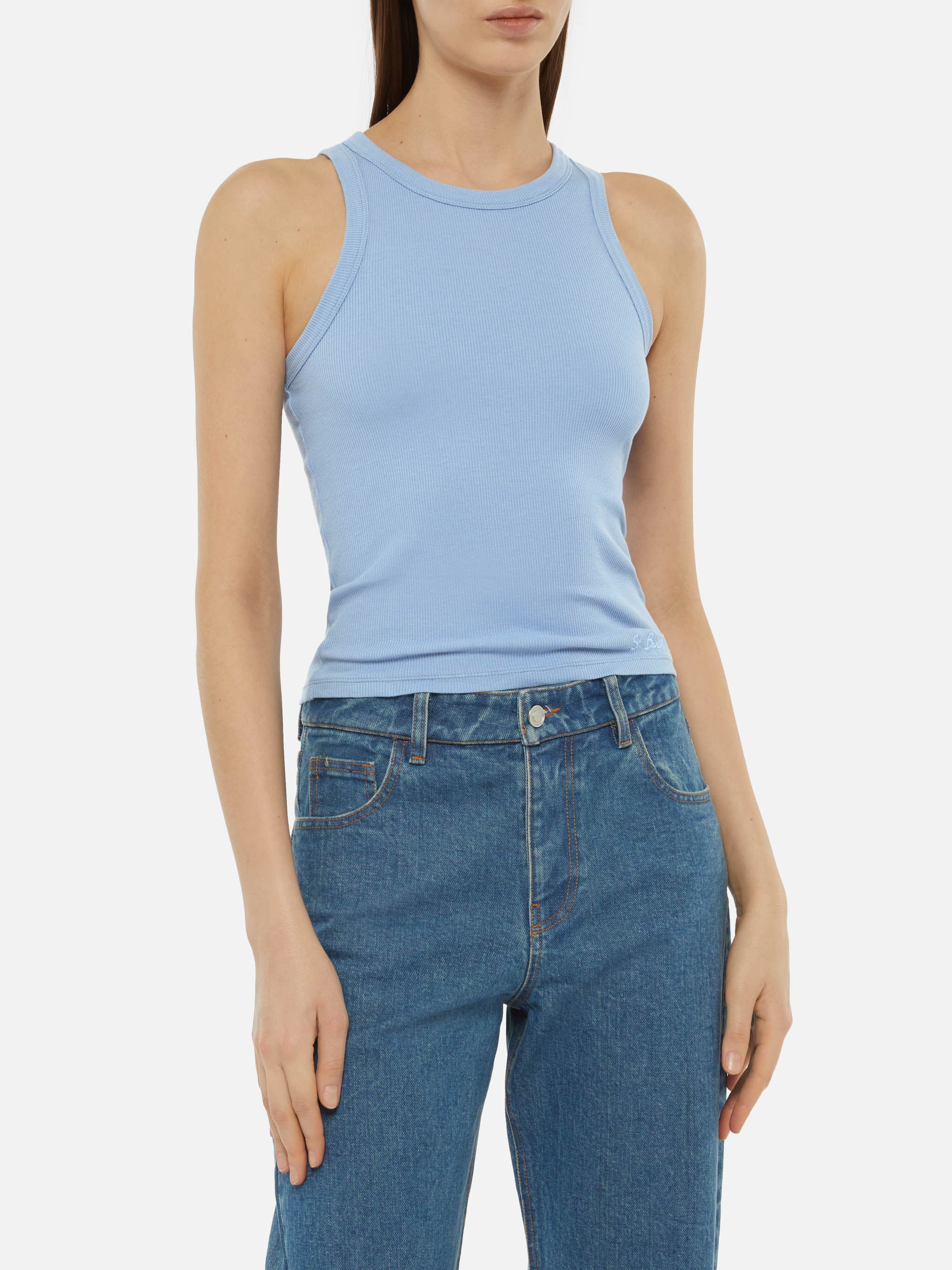 Ada lichtblauwe geribbelde katoenen tanktop