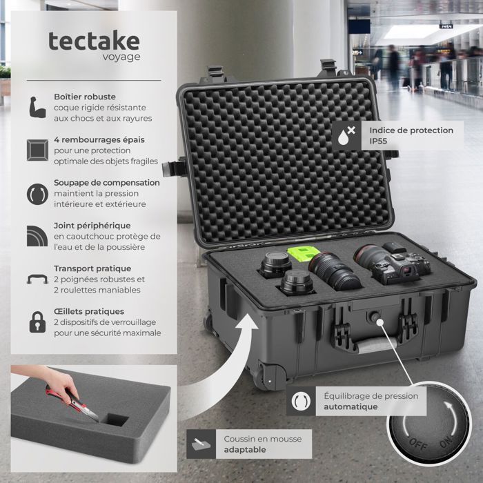 Estuche impermeable para cámara - TECTAKE - Estuche para cámara con ruedas y asa telescópica - 45 x 26 x 58 cm