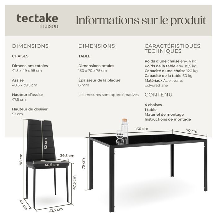 Mesa de comedor con sillas - TECTAKE - BRANDENBURG. Conjunto de comedor con 6 asientos tapizados en piel sintética - Negro/Negro