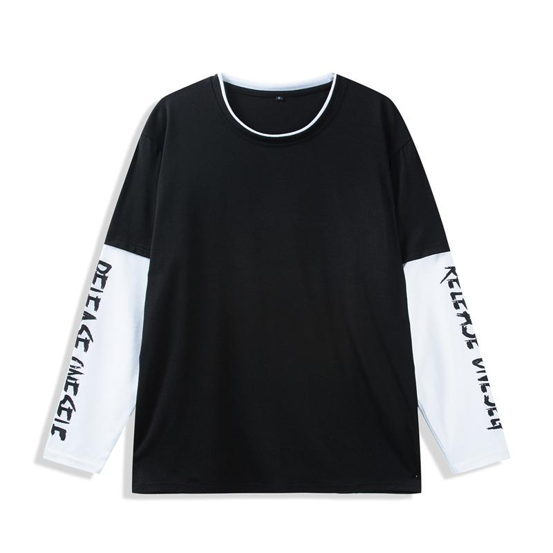 Camiseta negra de manga larga para hombre, nueva colección de verano 2020, con diseño de empalme, 100 % algodón suave, estilo casual, cuello redondo, corte holgado, para hombre, modelo 424.