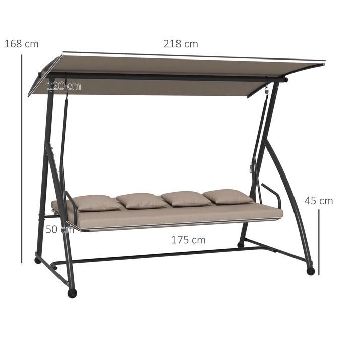 Balancelle de jardin - Outsunny - 3 places - convertible - toit inclinaison réglable, coussin - 218 x 120 x 168 cm - marron clair