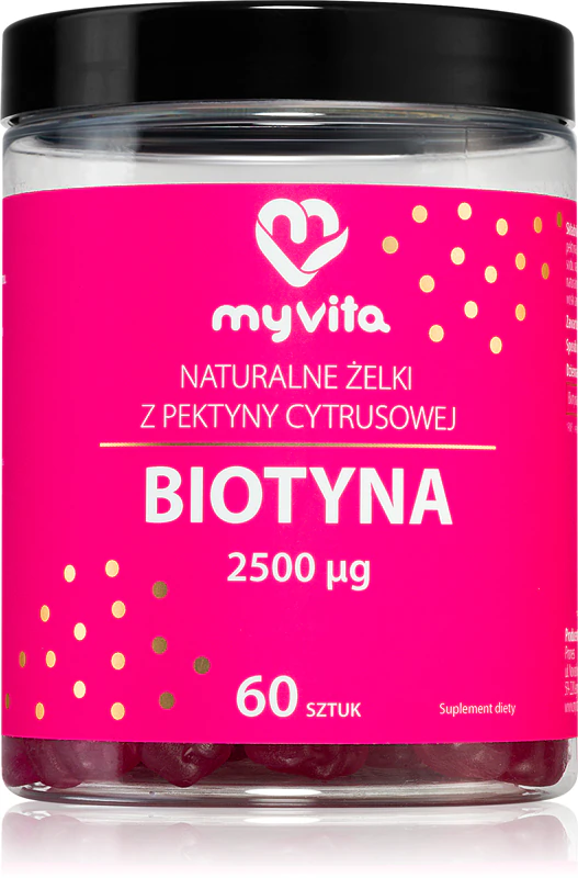 MyVita Natural Biotin Gummies, suplemento alimentar em cápsulas mastigáveis macias para cabelos, pele e unhas saudáveis.