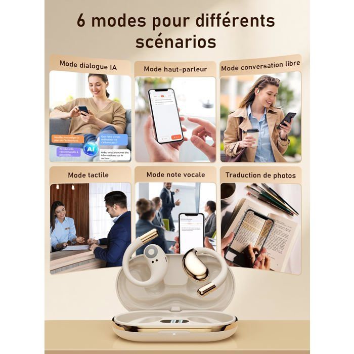 Fone de ouvido com tradutor instantâneo - STAMPILLE - Bluetooth 6.0 - 156 idiomas - 6 modos de tradução - Design aberto