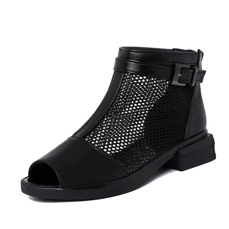Sandales d'été ajourées pour femmes, en cuir véritable et résille, bout ouvert, pointures 35 à 43, talon bas, noires.