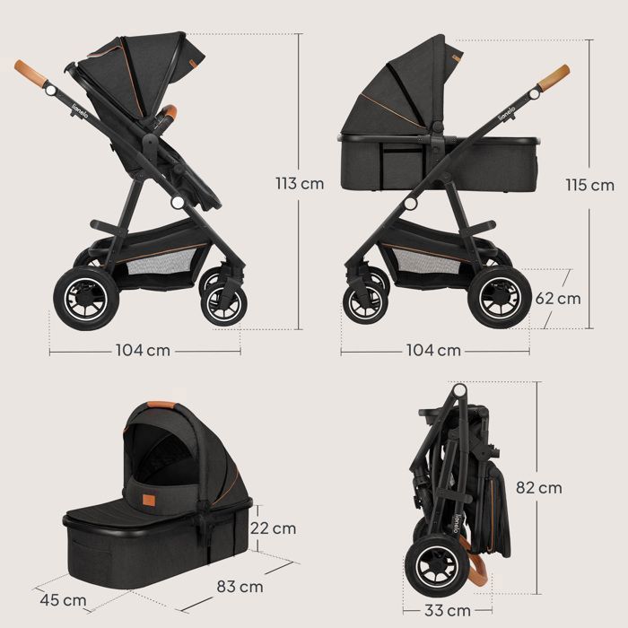 Poussette combinée 3en1 LIONELO Amber - Pack poussette canne, Nacelle, Siege auto, sac et accessoires - Gris foncé