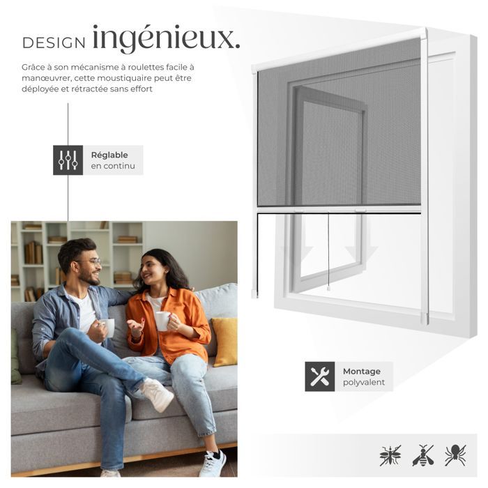 TECTAKE - Moustiquaire store fenêtre, en aluminium, fibre de verre, résistant UV - blanc, 90x160cm