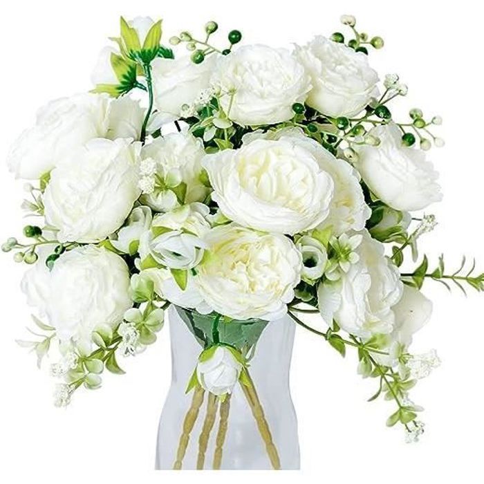 Paquete de 4 (5 cabezas) ramos de peonías blancas artificiales para decoración de bodas y arreglos florales.