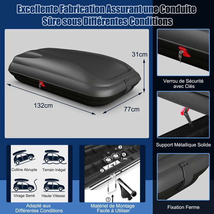 Cofre de techo rígido para coche COSTWAY - Llaves, correas, apertura lateral, impermeable, para coches con barras de techo, 250 L, negro