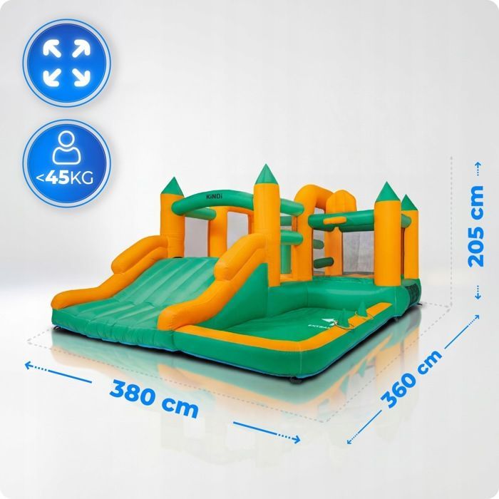 Parque infantil inflável KINDI com castelo grande, cesta, soprador e escorregador.