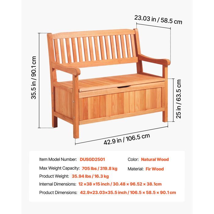 Banco de armazenamento externo de madeira VEVOR - Baú de jardim - 125 L - Banco 2 em 1 para pátio - com alça lateral - para pátio e jardim