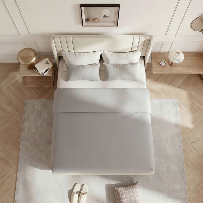 Bett 140x190 cm, NMONET, Lattenrost, Leinenbezug, Doppelbettgestell 140x190, Erwachsenenbett 140x190, beige