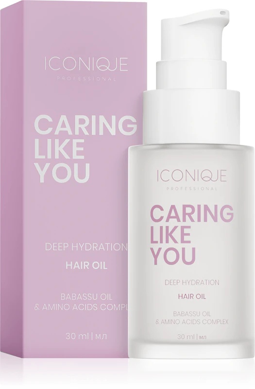ICONIQUE Professional CARING LIKE YOU giliai drėkinamasis drėkinamasis aliejus sausiems ir pažeistiems plaukams.