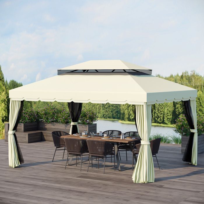 Cenador de jardín - carpa - Outsunny - techo doble con mosquiteras desmontables - acero - 4x3m - natural