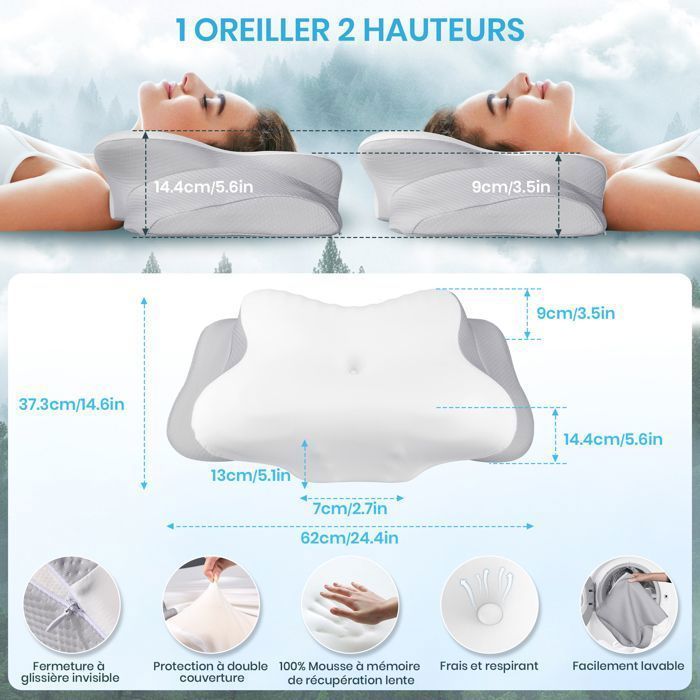 Almohada cervical ergonómica, almohada de cuello de espuma viscoelástica con funda de seda helada, 62 x 37,3 x 14,4/9 cm, gris y blanco.