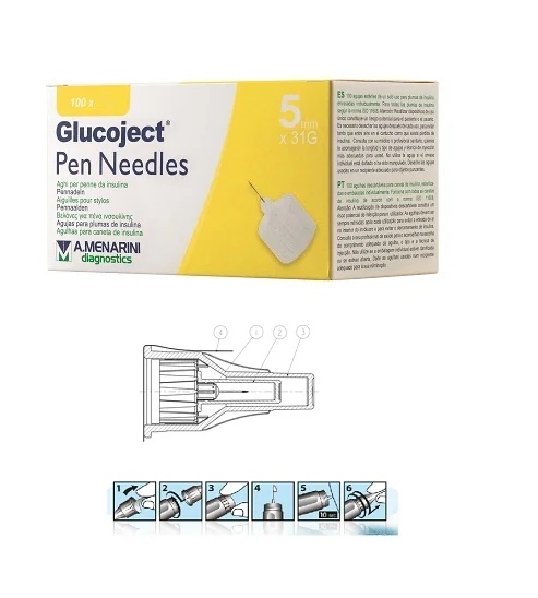 Agujas MENARINI Glucoject para pluma de insulina 31G 5mm, 100 unidades