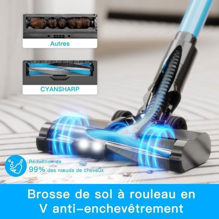CYANSHARP V8 Cordless Stick Vacuum Cleaner, Bagless Vacuum 130AW, 3 Speeds, Display, 100kRPM BLDC Motor EU, 7 Batteries, CE RoHS