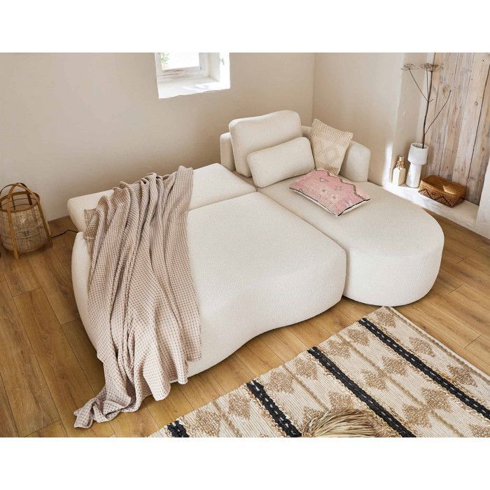 Mahina - Sofá esquinero derecho - 4 plazas - Convertible con espacio de almacenamiento - en tejido bouclé - Beige