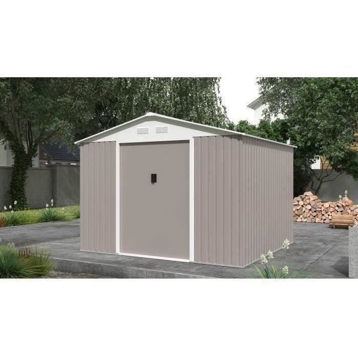 Abri de jardin en métal 7,06 m² - 277 x 255 x 202 cm - MERCURE - Kit d'ancrage inclus, 2 portes coulissantes - Taupe
